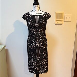 White House Black Market Black and Beige Lace Midi Dress